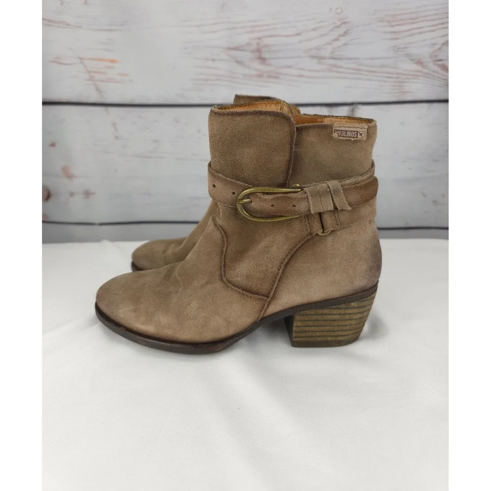 Pikolinos Womens Tan Stone Suede Ankle Boots Buckle Zip Side Block Heel Size‎ 36